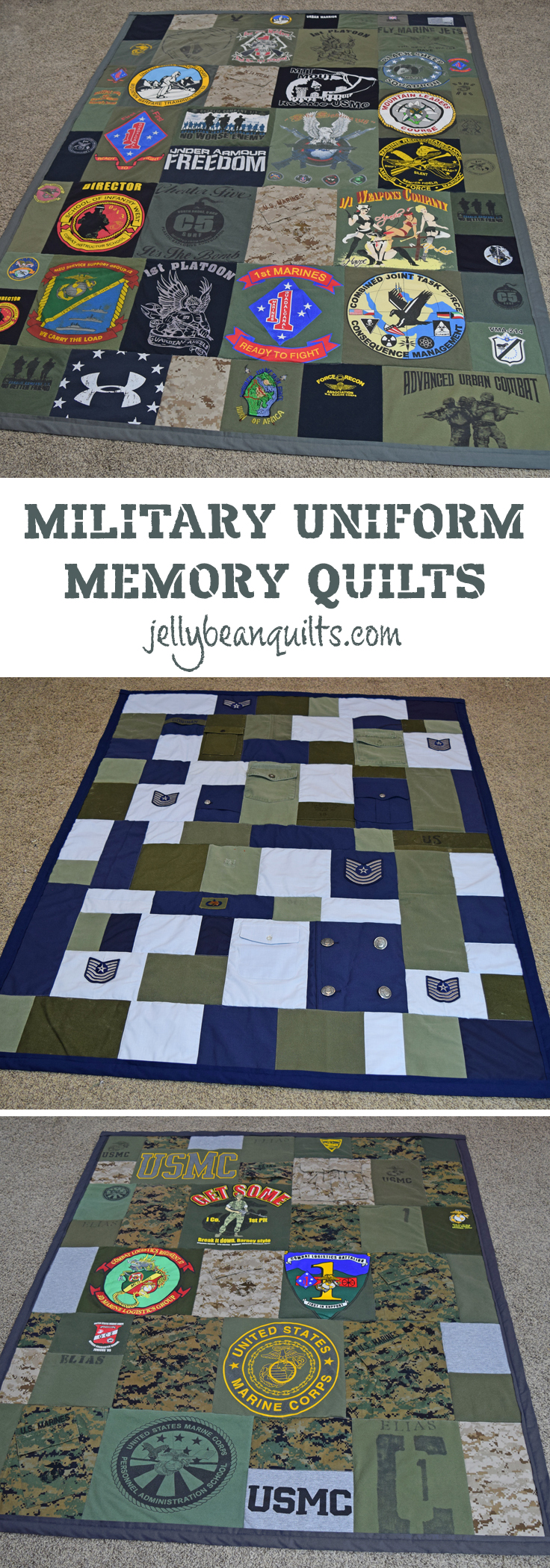 Love this idea - military memory quilt! Military quilt made with old uniforms & t-shirts from jellybeanquilts.com