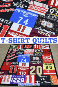 T-shirt quilts are perfect for high school or college graduation, sports jerseys, sorority/fraternity t-shirts, or to preserve a collection of race, event, vacation or concert tee shirts. Create your t-shirt quilt at JellyBeanQuilts.com #shirtquilt #sportsjerseyquilt