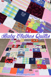 How cute is this- save those baby clothes and turn them into a baby clothes quilt from JellyBeanQuilts.com! So cute! #babyclothesquilt #memoryquilt #onesiequilt #babyclothesblanket