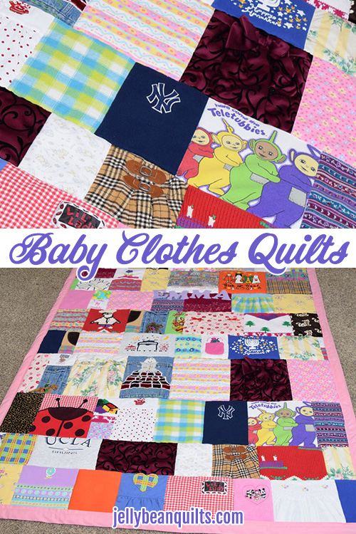 How cute is this- save those baby clothes and turn them into a baby clothes memory quilt from JellyBeanQuilts.com! So cute! #babyclothesquilt #memoryquilt #onesiequilt #babyclothesblanket
