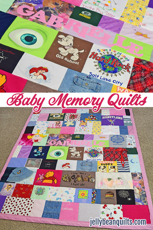 This baby memory quilt is a great way to preserve the clothes from your baby's first year or two (or more!) Check out jellybeanquilts.com for more! #babymemoryquilt