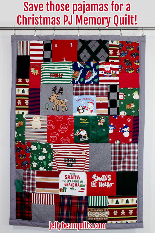 Save your Christmas PJs for a Christmas Pajama Quilt from JellyBeanQuilts.com! So cute! #christmasquilt #pajamaquilt #christmaspajamaquilt #christmaspjquilt #hannaandersson