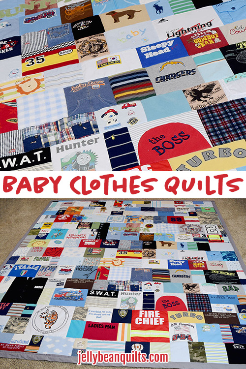 Check out this full-sized baby clothes quilt from JellyBeanQuilts.com - need to do this with my kiddo's clothes!
